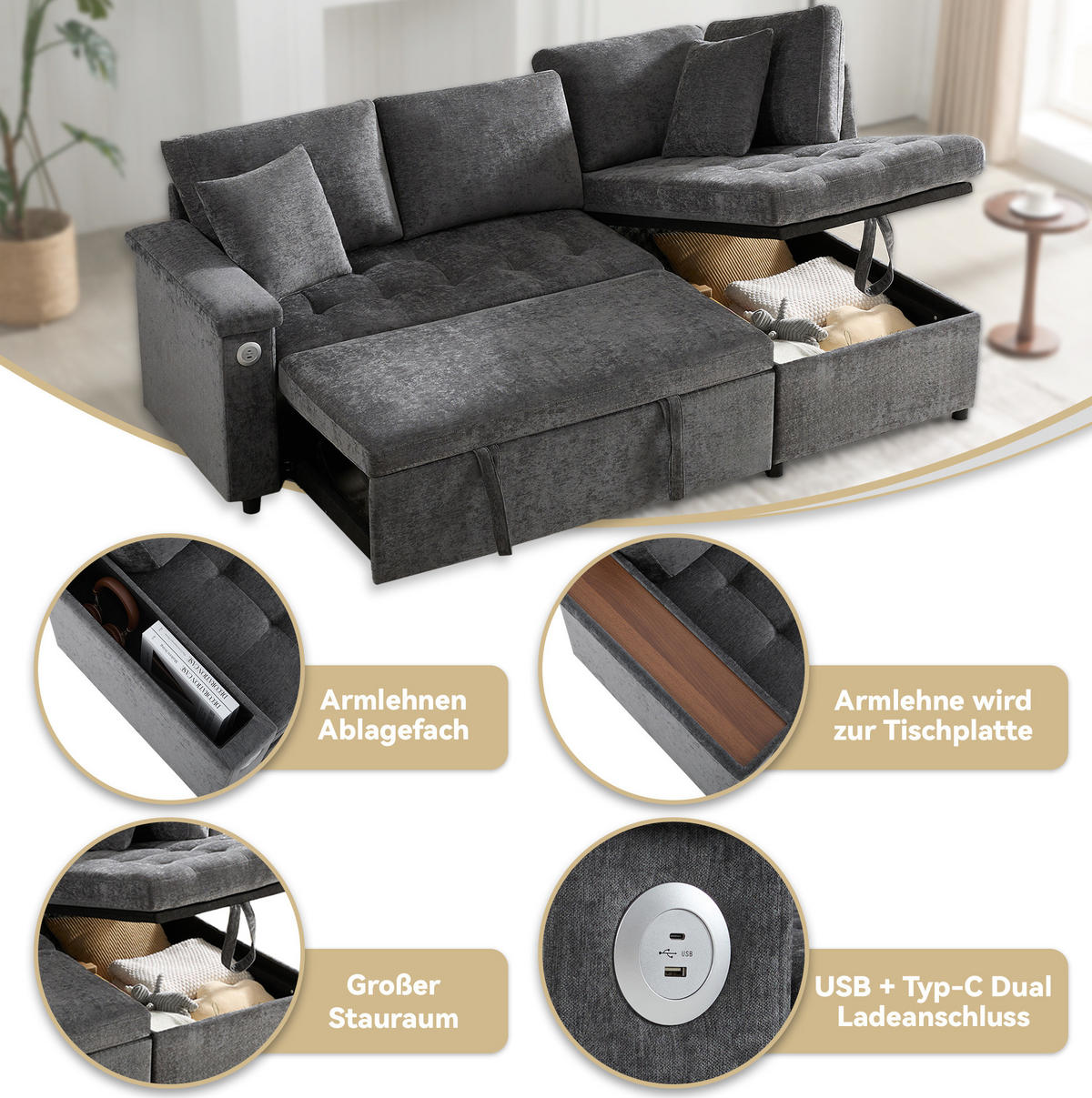ECKSCHLAFSOFA L-Form, Chenille mit Stauraum & USB-Anschluss, 209/130/84 cm, Dunkelgrau - Dunkelgrau, Textil (130/84/209cm) - Redom