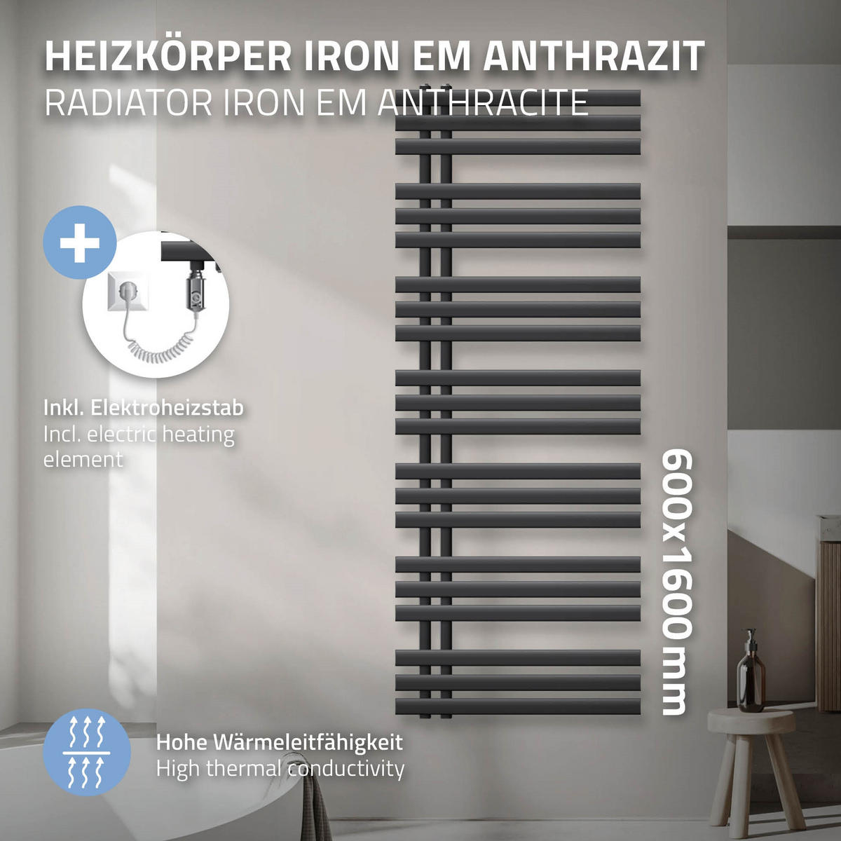 ELEKTRICKÝ KOUPELNOVÝ VYTÁPĚČ Iron EM 600 x 1600 mm, antracitový, s topným tělesem 1200 W - antracitová, kov (60/160/3cm) - LuxeBath