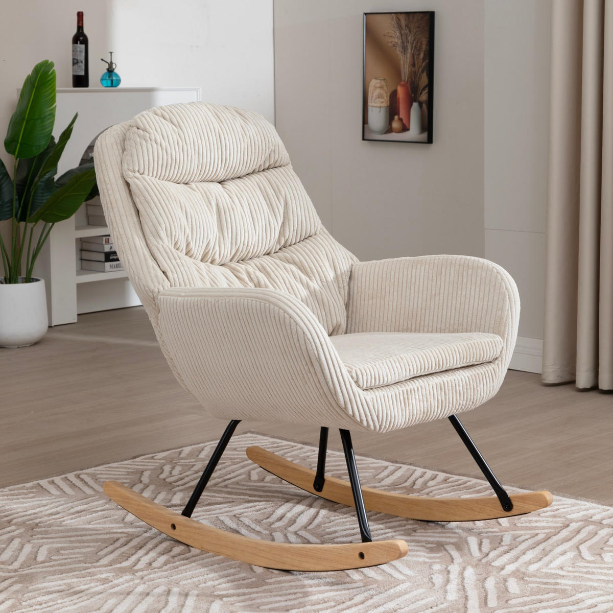 SCHAUKELSTUHL 74/94/96 cm Weiß mit Massivholzrahmen für Wohnzimmer Schlafzimmer Balkon - Weiß, Textil (94/96/74cm) - OKWISH