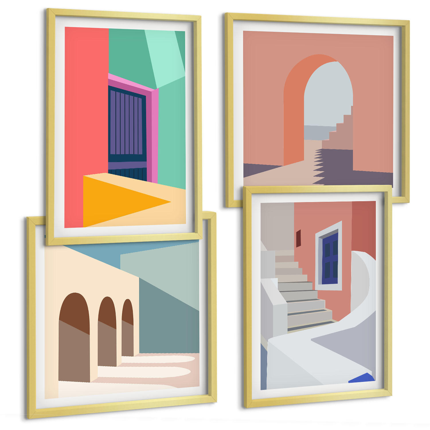 BILDER SET 4er Set - 50x50 cm & 40x60 cm Goldrahmen - Farbenfrohe moderne Gebäude - Goldfarben, Kunststoff (50/50cm) - TULUP