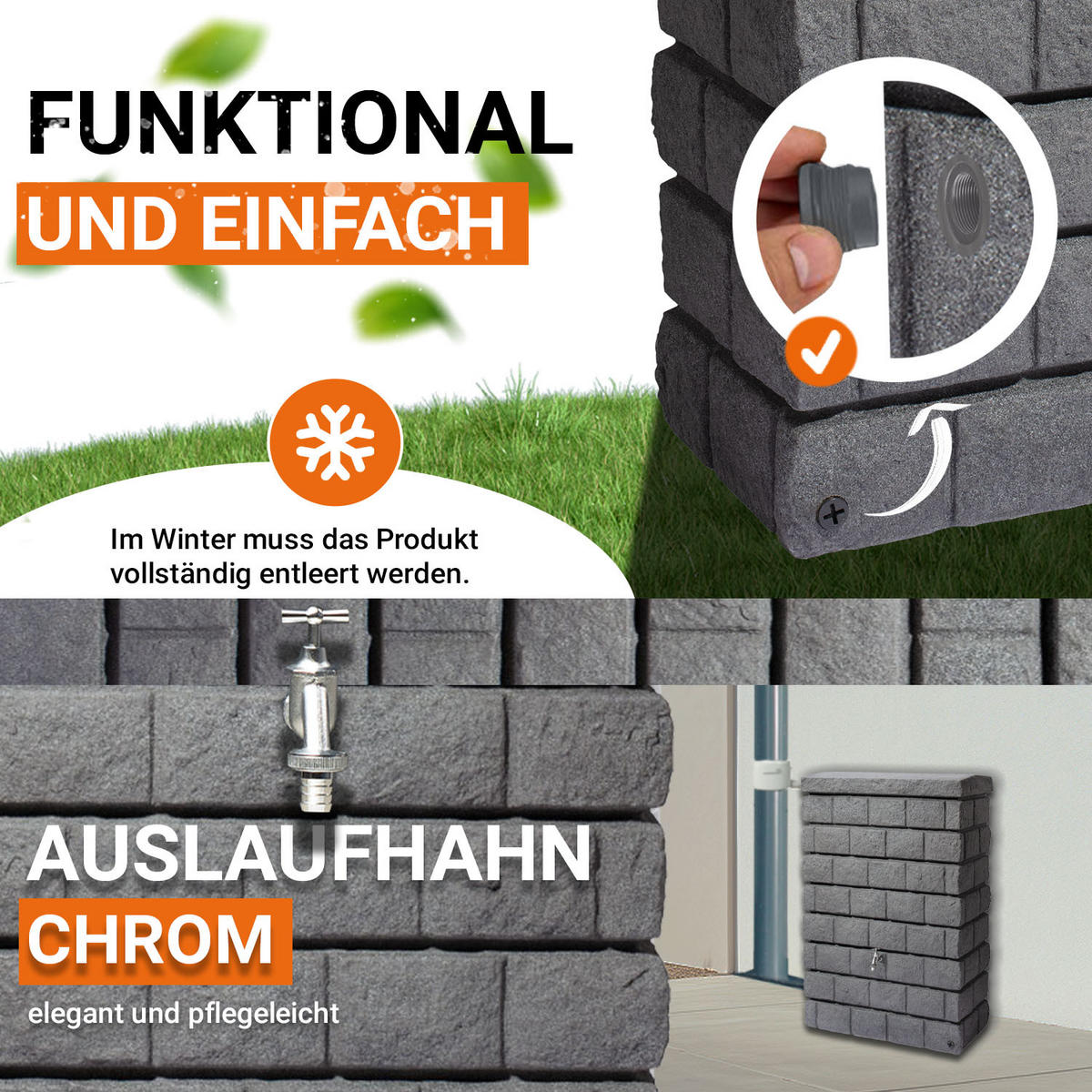 JUNIOR Wandtank Komplett-Set 300 L dark e inkl. Chrom-Auslaufhahn und Fallrohranschluss - Grau, Kunststoff (40/118/80cm) - GARANTIA