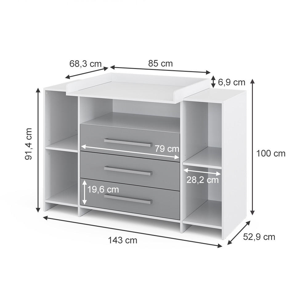 Thumbnail - Vicco Wickelkommode, Weiß, Grau, Holzwerkstoff, 8 Fächer, 3 Schubladen, Rechteckig, 143x100x70 cm, Babymöbel, Wickelkomm...