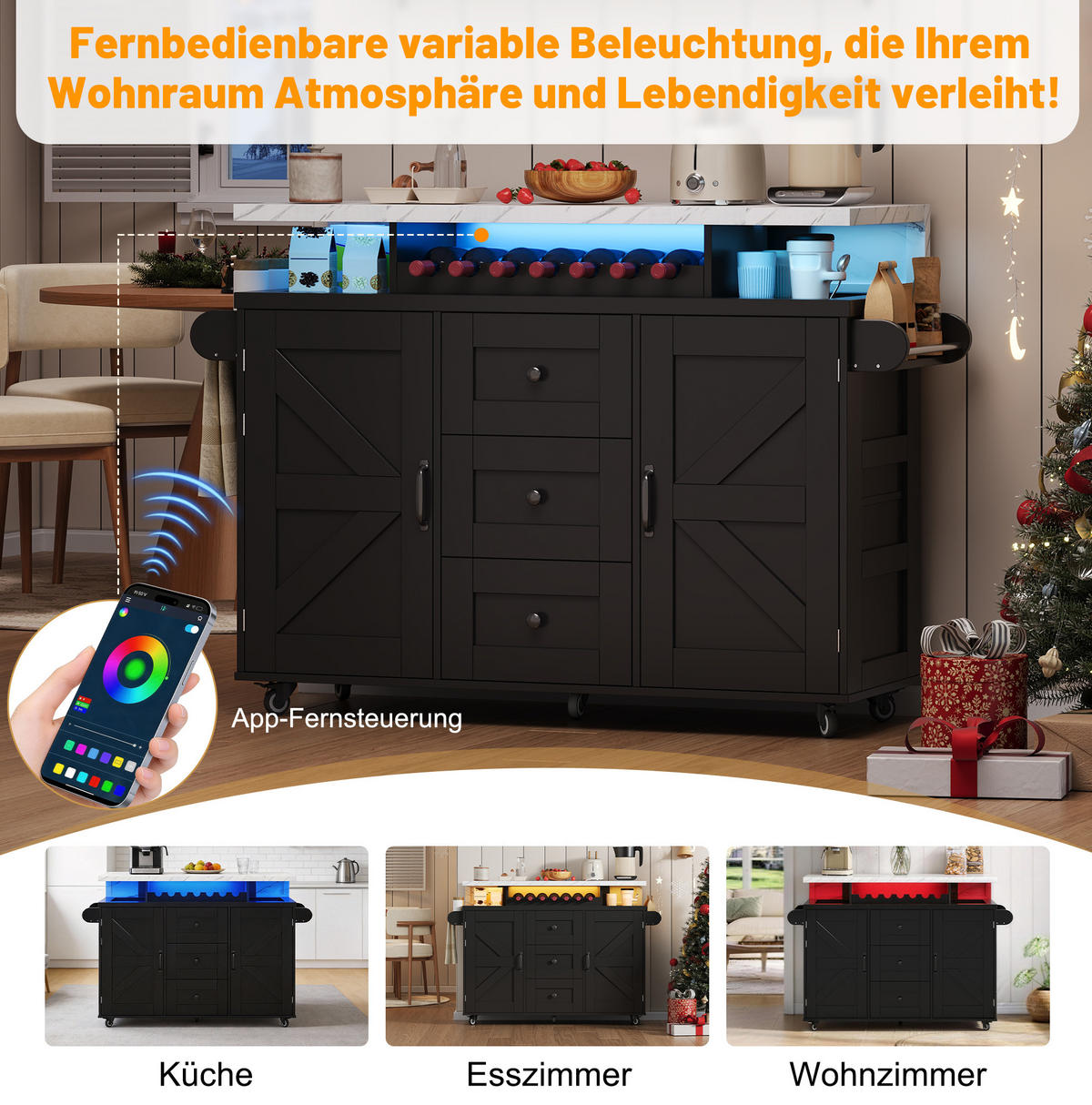 KÜCHENINSEL mit klappbarer Arbeitsplatte 138 x 60 x 93 cm MDF Schwarz - Schwarz, Holz (60/93/138cm) - Beauniv