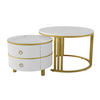 COUCHTISCH-SET, MDF mit Marmormuster und Hochglanzplatte, 2 runde Tische mit Schubladen, 70/70/46 + 50/50/40 cm, Gold und Weiß - Weiß, Holzwerkstoff (70/70/46cm) - Redom