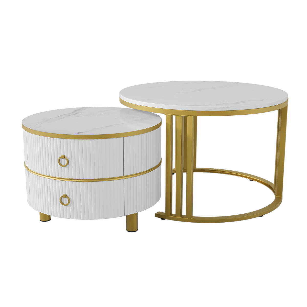 COUCHTISCH 70/70/46 cm und Beistelltisch 50/50/40 cm weiß mit Marmormuster - Goldfarben, Holzwerkstoff (70/70/46cm) - OKWISH