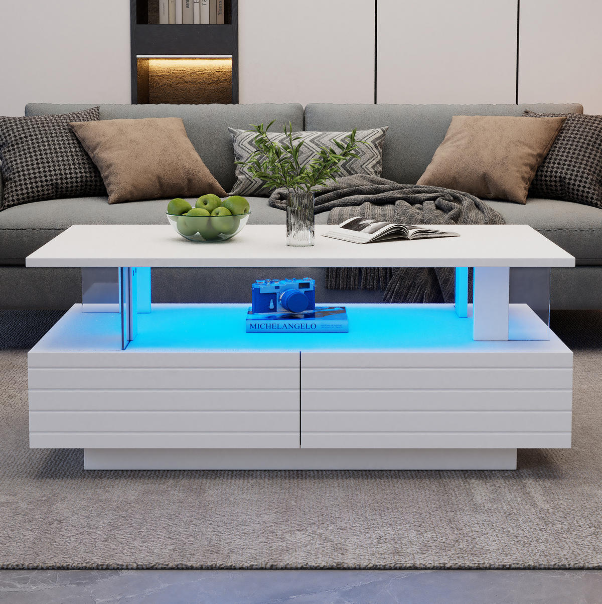 COUCHTISCH, weißes Acryl mit LED (App & Fernbedienung), 2 Schubladen, offenes Fach, 100/50/42 cm,weiß - Weiß, Kunststoff (100/50/42cm) - Redom