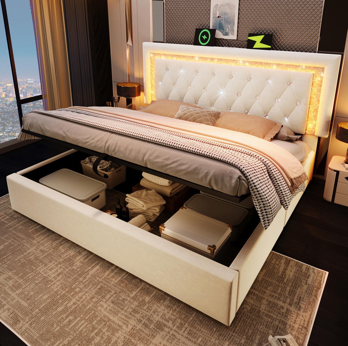 POLSTERBETT 160/200 cm Beige aus Samt mit Stauraum und LED-Beleuchtung mit Matratze - Beige, Textil (160/200cm) - OKWISH