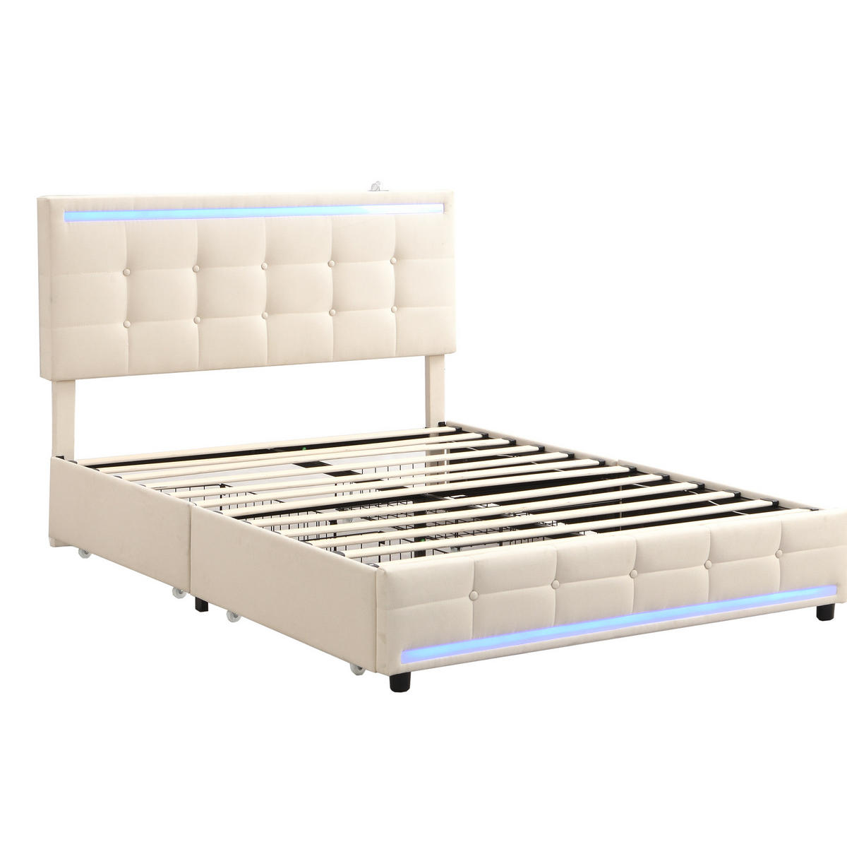 POLSTERBETT 140/200 cm Beige LED-Bett mit 4 Schubladen und USB-Anschluss - Beige, Textil (140/200cm) - OKWISH