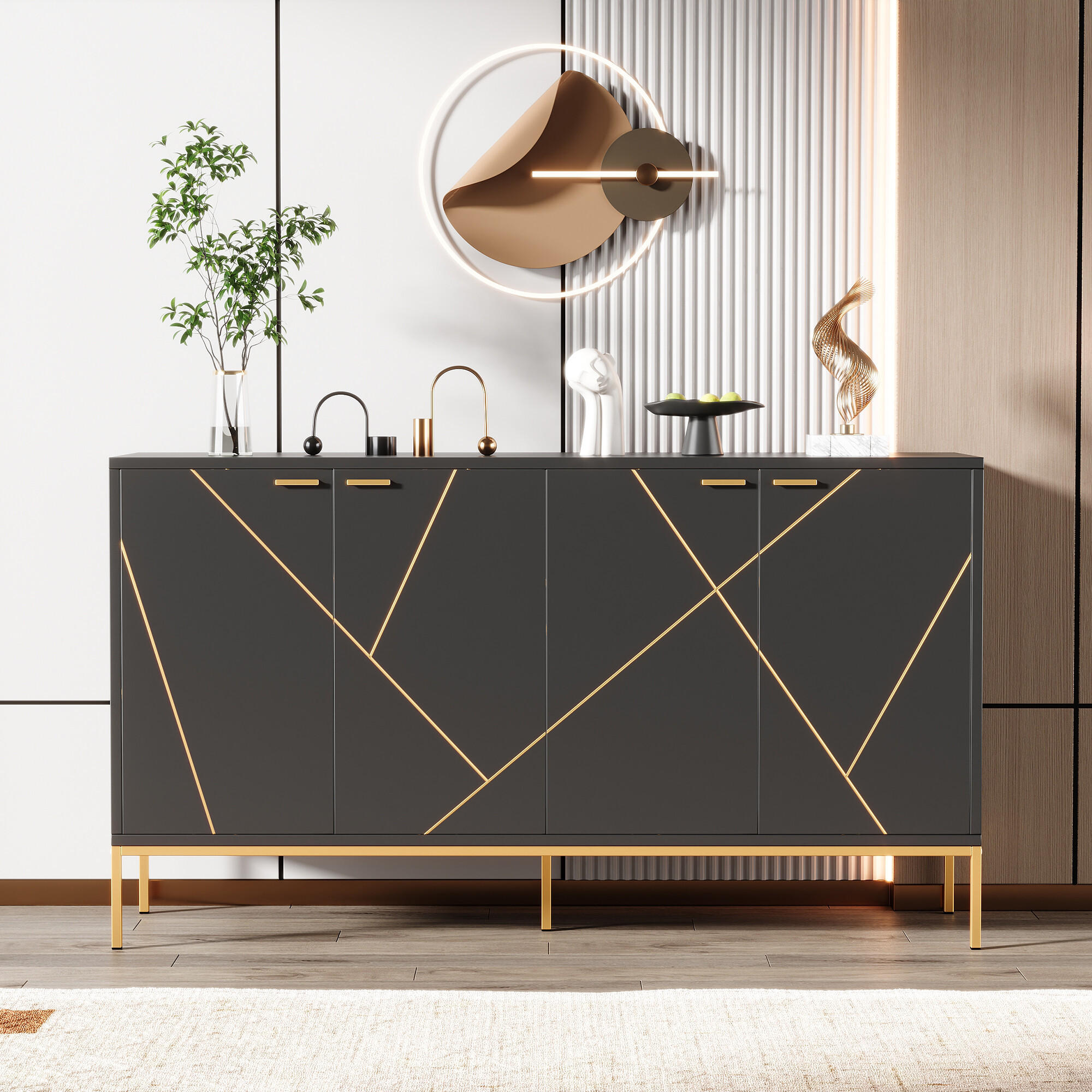 SIDEBOARD mit goldenen geometrischen Mustern - Schwarz, Holzwerkstoff/Metall (40/80/150cm) - Urban Meuble