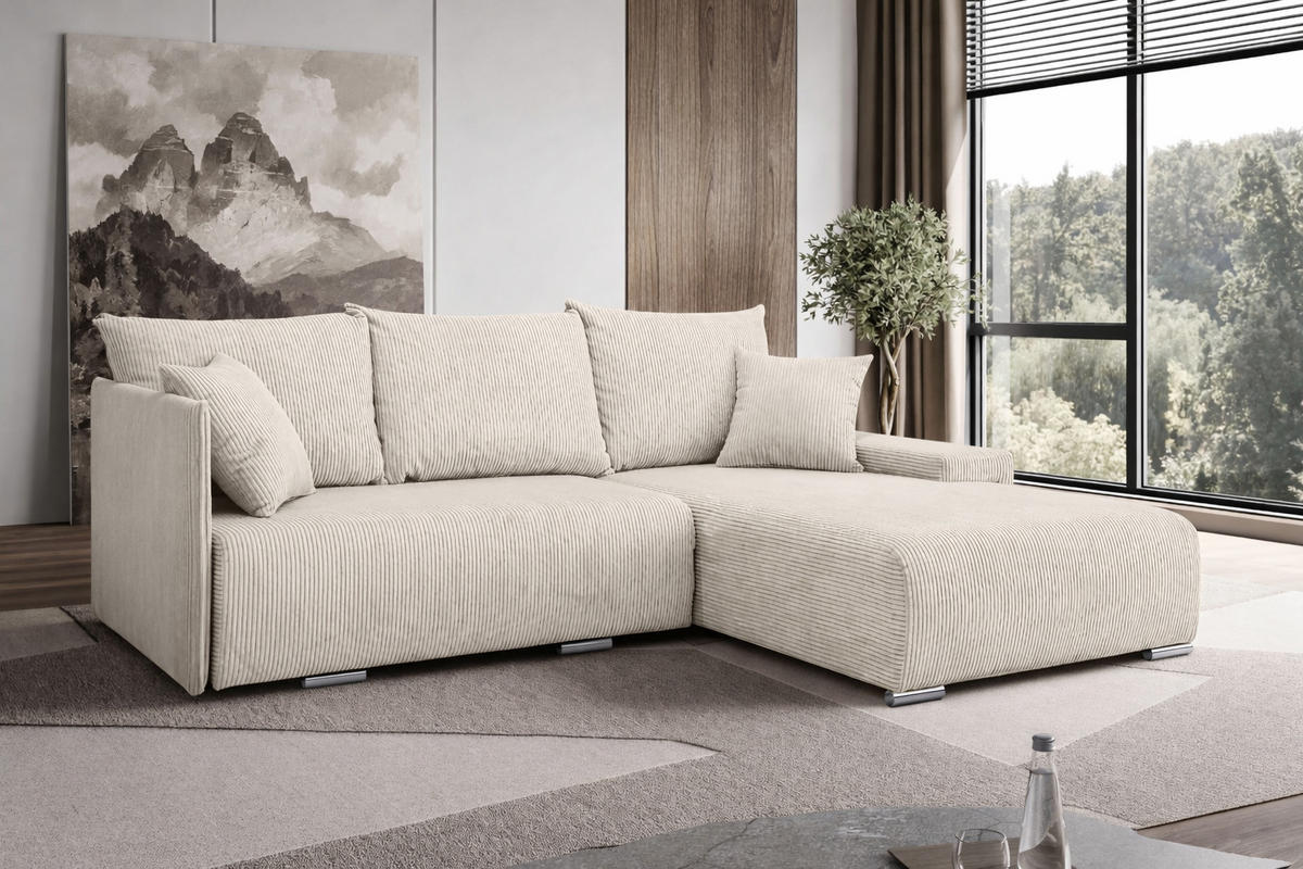 ECKSOFA L-Form Schlaffunktion Livorno Cord-Stoff Ecru Rechts - Chromfarben/Ecru, Holz/Kunststoff (246/188cm) - Kaiser Möbel