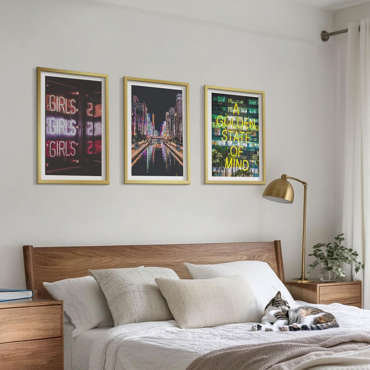 BILDER SET 3er Set - 40x60 cm Goldrahmen - Neonlichter am Fluss bei Nacht - Goldfarben, Kunststoff (40/60cm) - TULUP