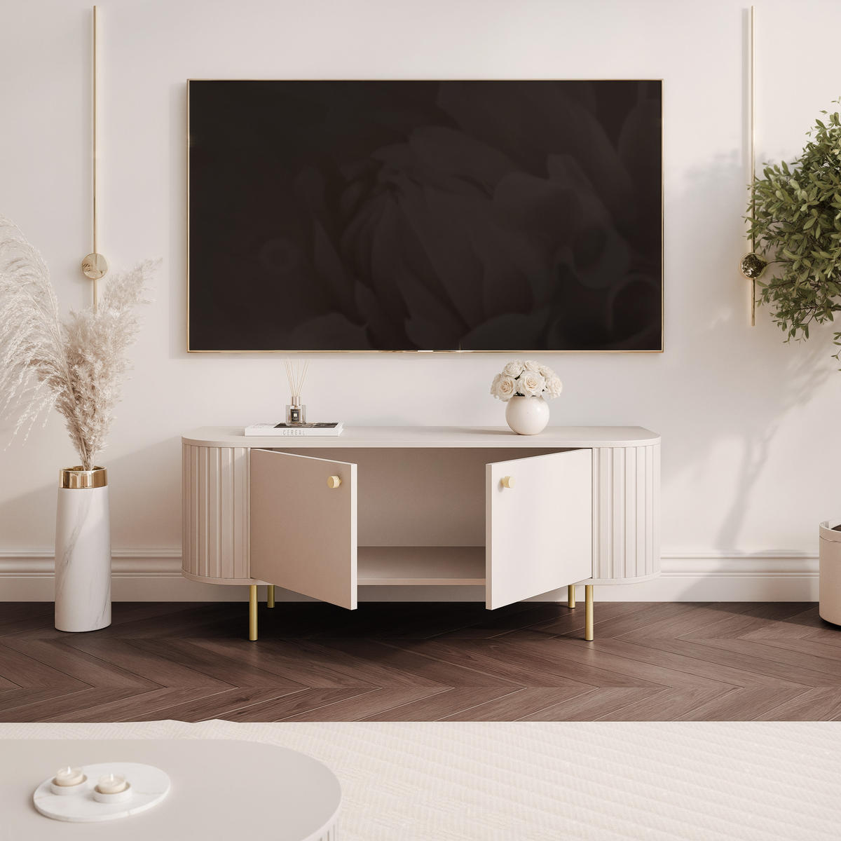 TV-LOWBOARD OVALINE stehend, 123 cm Beige - Beige, Holzwerkstoff/Metall (123/50/42cm) - Idohome