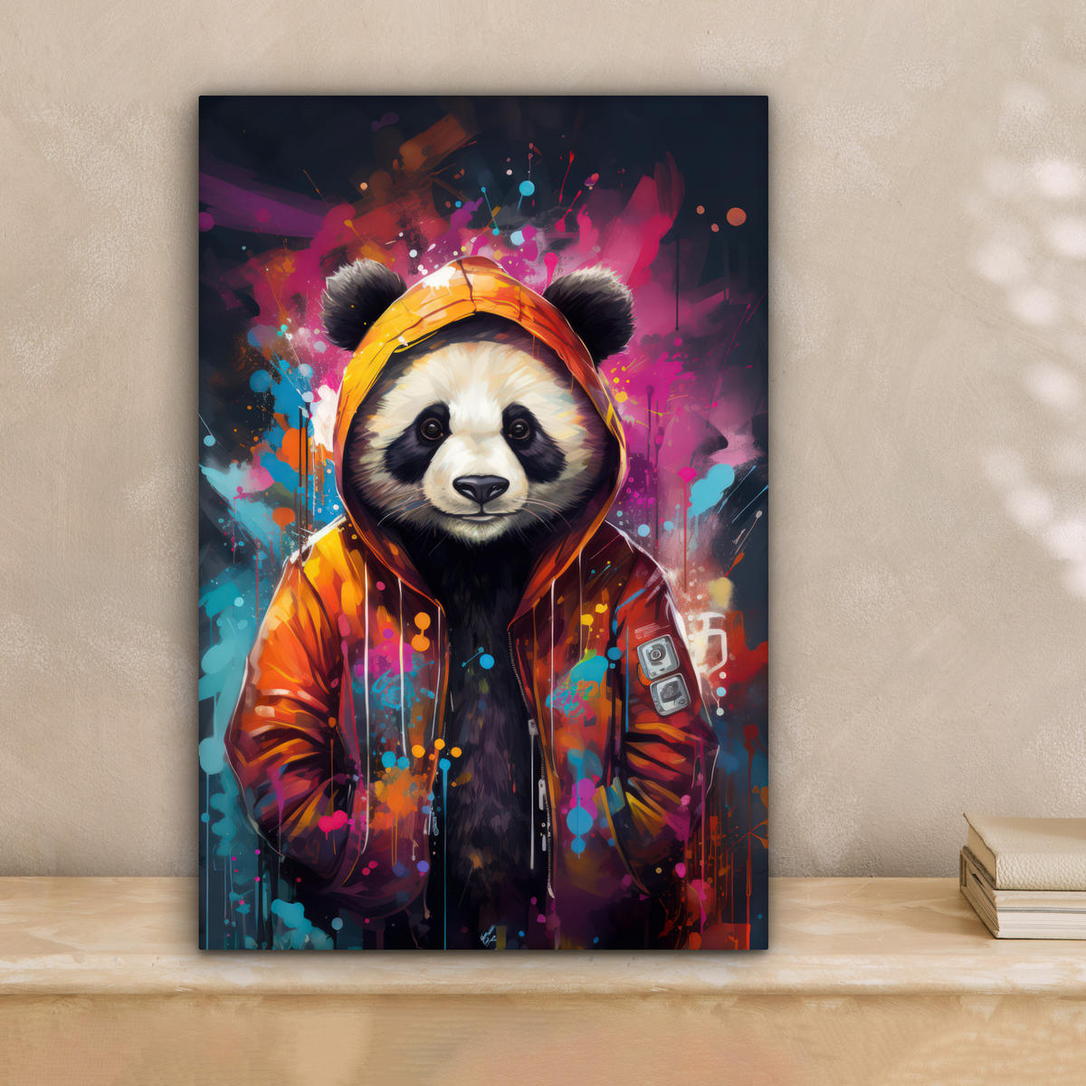 LEINWANDBILD Panda - Jacke - Graffiti - Orange Deko Wohnzimmer 20x30 cm - Orange, Textil (20/30cm) - MuchoWow