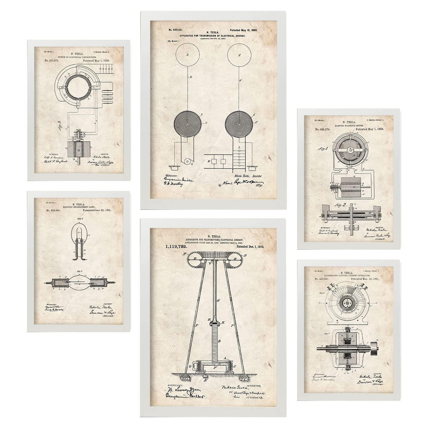 POSTER Set Mit 6 Plakaten Mit Strom 1 Patenten Im Vintage Stil A3 & A4 Weißer Rahmen - Weiß, Papier (29/3cm) - Nacnic