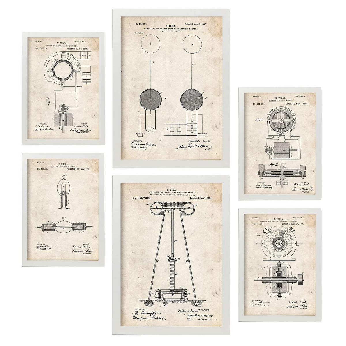POSTER Set Mit 6 Plakaten Mit Strom 1 Patenten Im Vintage Stil A3 & A4 Weißer Rahmen - Weiß, Papier (29/3cm) - Nacnic