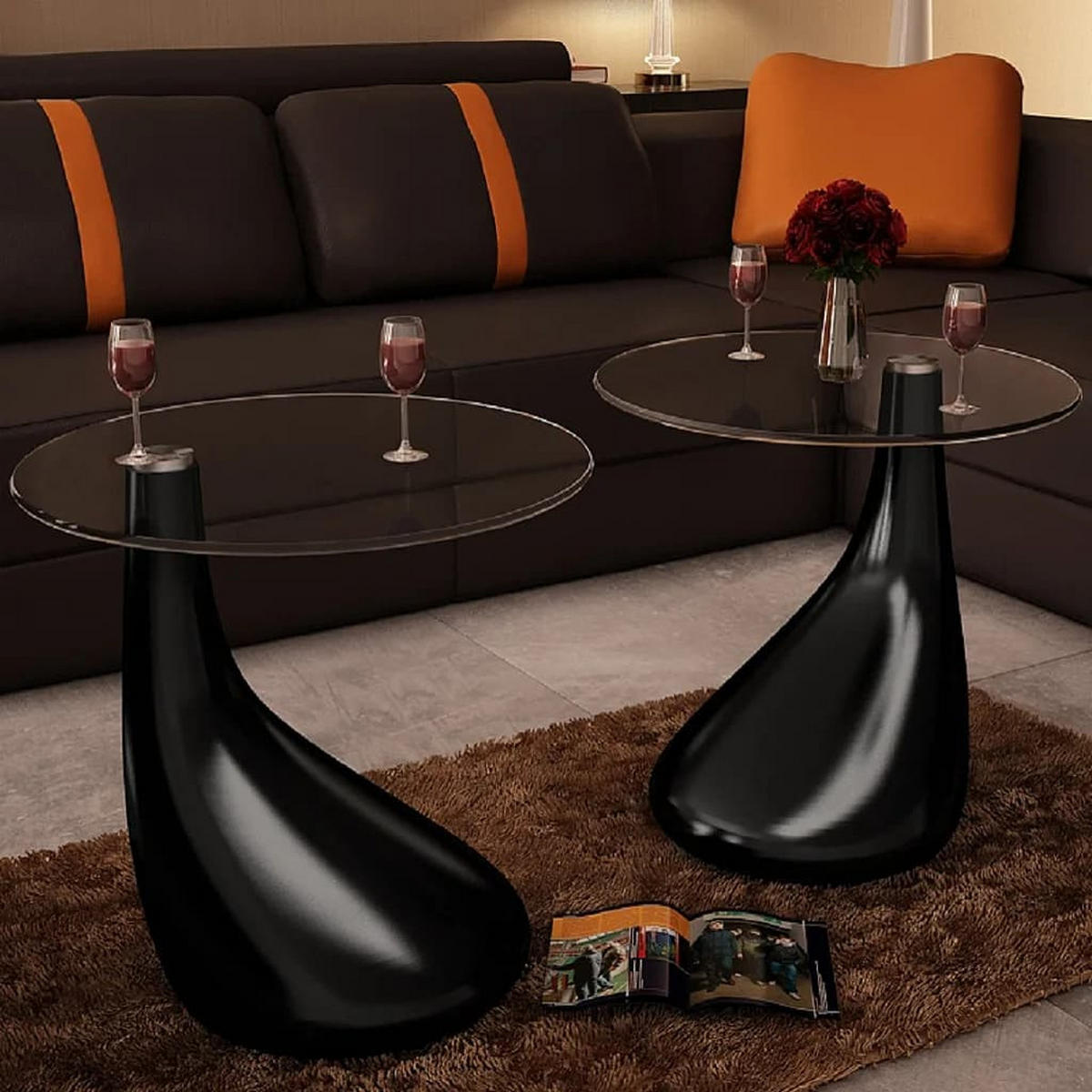 COUCHTISCHE 2 Stk. mit Runder Glasplatte Hochglanz Schwarz - Schwarz, Kunststoff (42/42/55cm) - furnicato