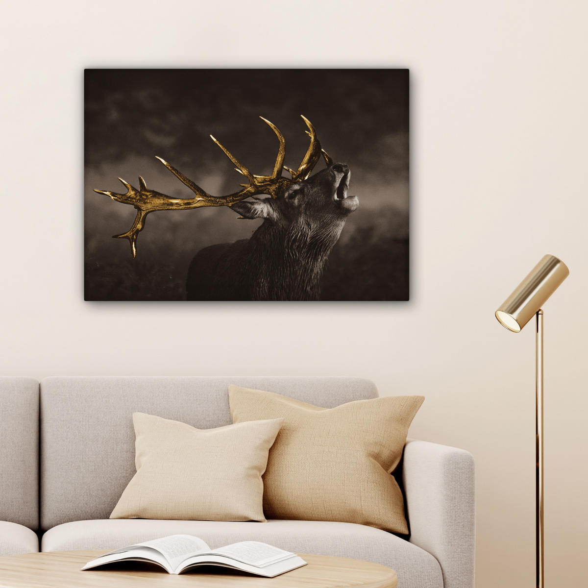 LEINWANDBILD Rotwild - Schwarz - Gold Wandbilder 80x60 cm - Braun, Textil (80/60cm) - MuchoWow