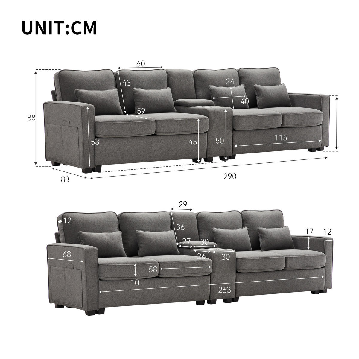 4-SITZER Sofa 290x83x88 mit Konsole, USB, Leinen, dunkelgrau - Dunkelgrau, Textil (83/88/290cm) - Luhomfu