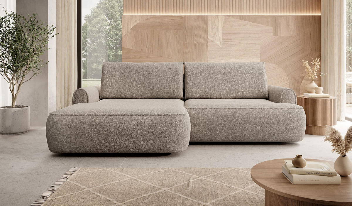 ECKSOFA MARE Beige Boucle-Stoff mit Schlaffunktion - Beige, Holz (250/146cm) - MASSENO