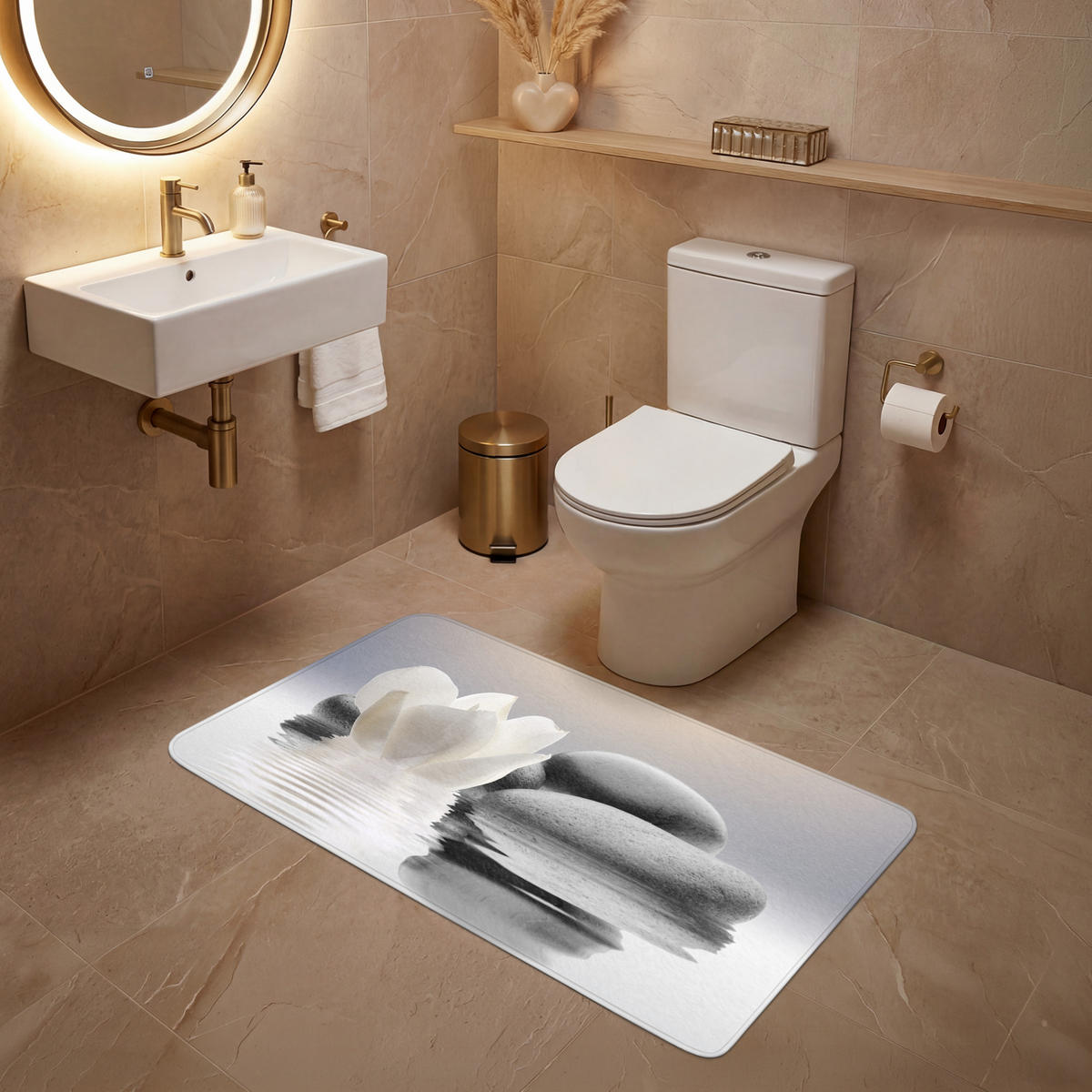 WC PŘEDLOŽKA Kameny - Lotos - Bílý - Voda - Zen 120x60 cm - bílá, textil/plast (120/1cm) - OnlyWow