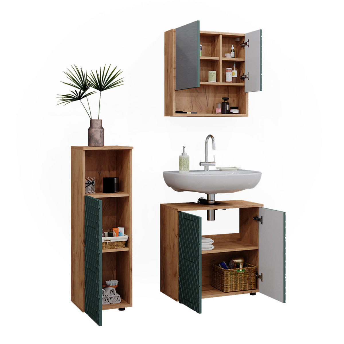 BADMÖBEL-SET Irma Grün 3 Teile - Eiche Wotan/Grün, Holzwerkstoff (80/58.6/41cm) - Vicco