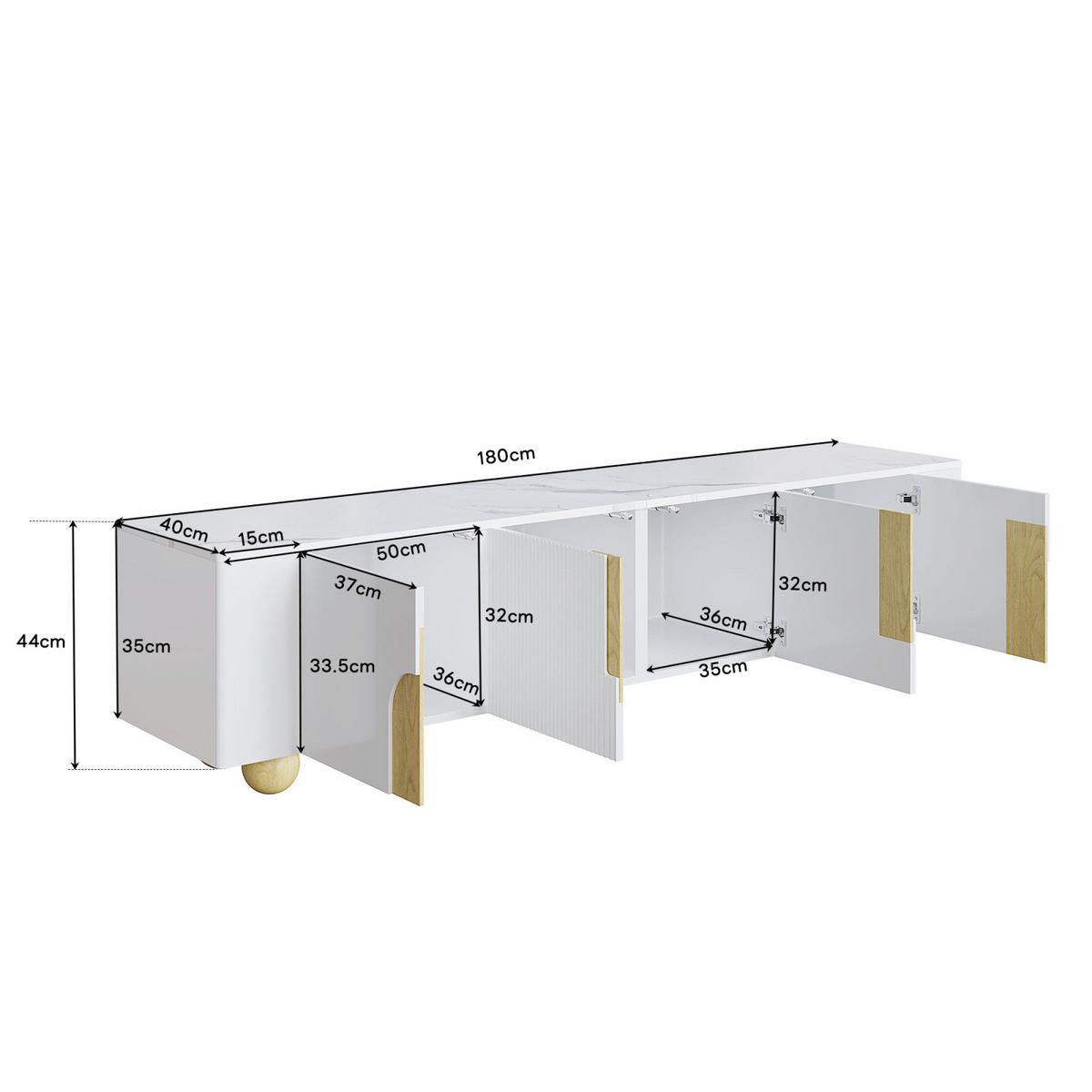 TV Lowboard 180 cm, 4 Türen, Marmoroptik, Kugelfüße, Weiß - Weiß, Holz (180/44/40cm)