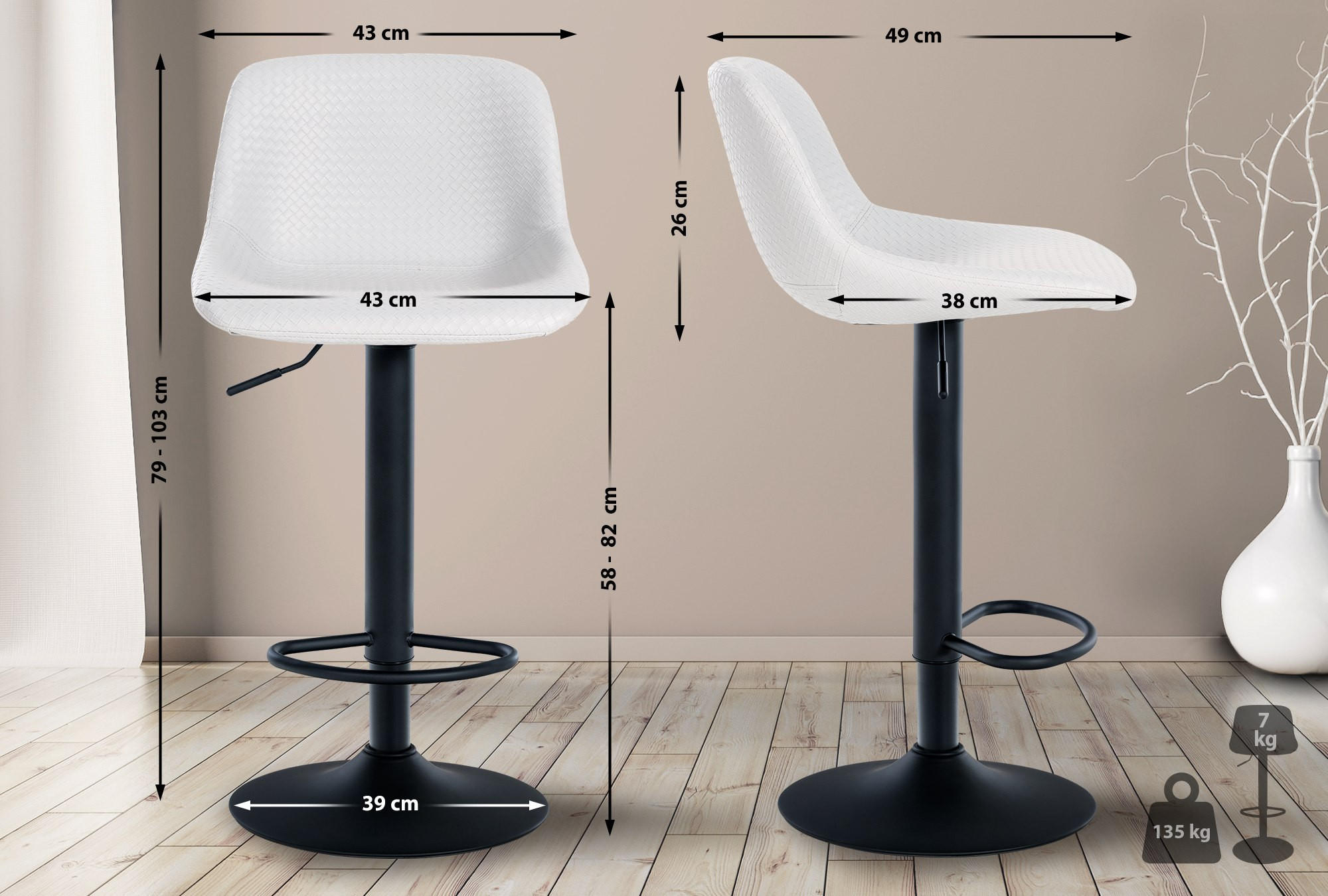 BARHOCKER Lederlook weiß - Schwarz/Weiß, Textil/Metall (43/79/49cm) - CLP