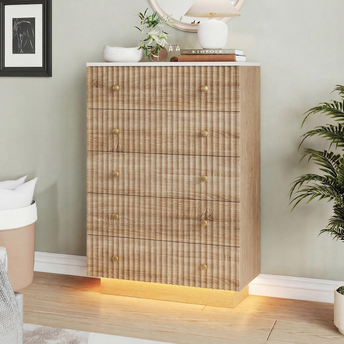 KOMMODE mit 5 Schubladen & Sockel‑LED, Eiche‑Weiß, 40/73/111cm - Eichefarben, Holz (73/111/40cm) - Joyfair