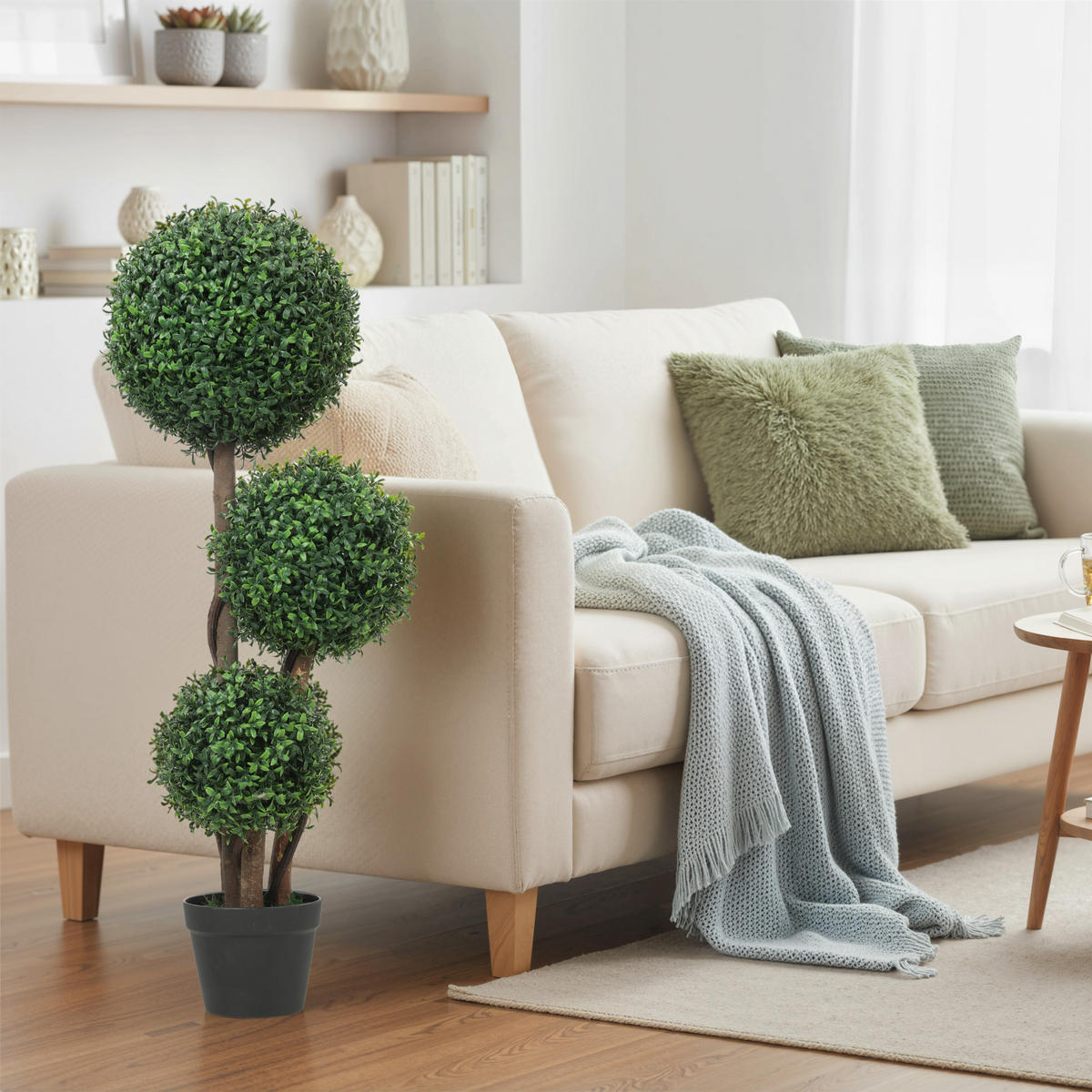 KÜNSTLICHE Buchsbaumkugel groß 100cm dreikugelig Kunstpflanze mit Holzstamm - Schwarz/Braun, Holz/Kunststoff (100cm) - HOMCOM