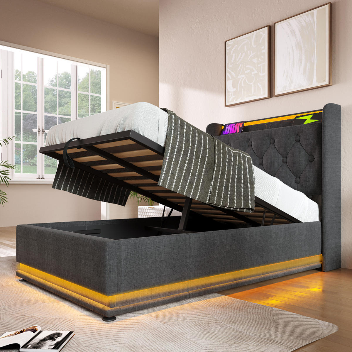 POLSTERBETT 90/200 cm Grau mit 360-Grad-LED und USB-Anschluss Mit Matratze - Grau, Textil (90/200cm) - OKWISH