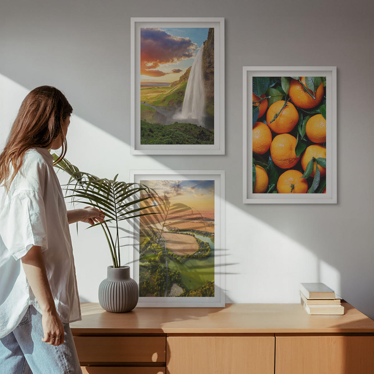 BILDER SET 3er Set - 40x60 cm Weißer Rahmen - Orange Mountain Wasserfall - Weiß, Kunststoff (40/60cm) - TULUP