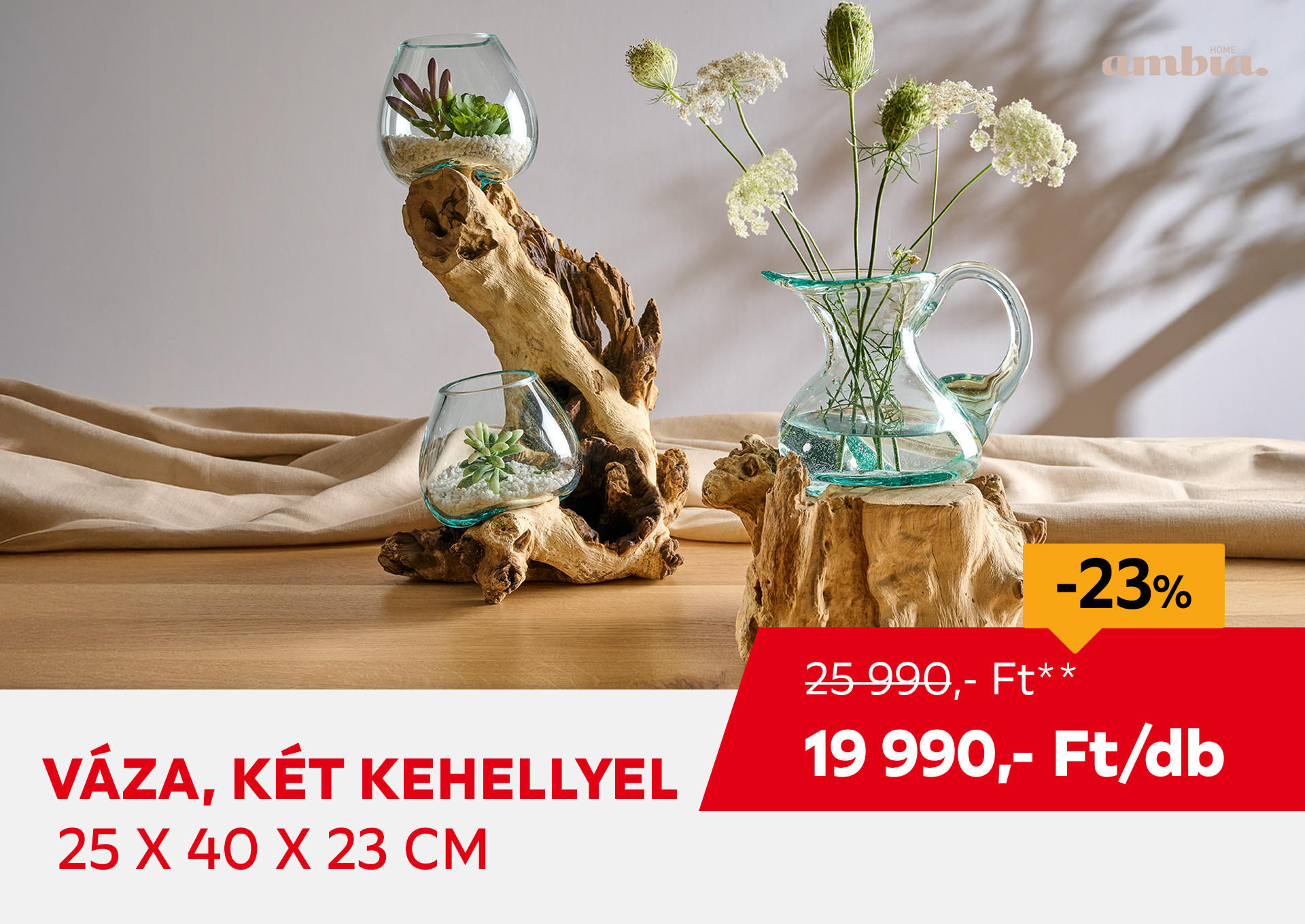 Váza, két kehellyel,  25 x 40 x 23 cm Kiemelt termék 25990 Ft.- helyett 19990 Ft.-