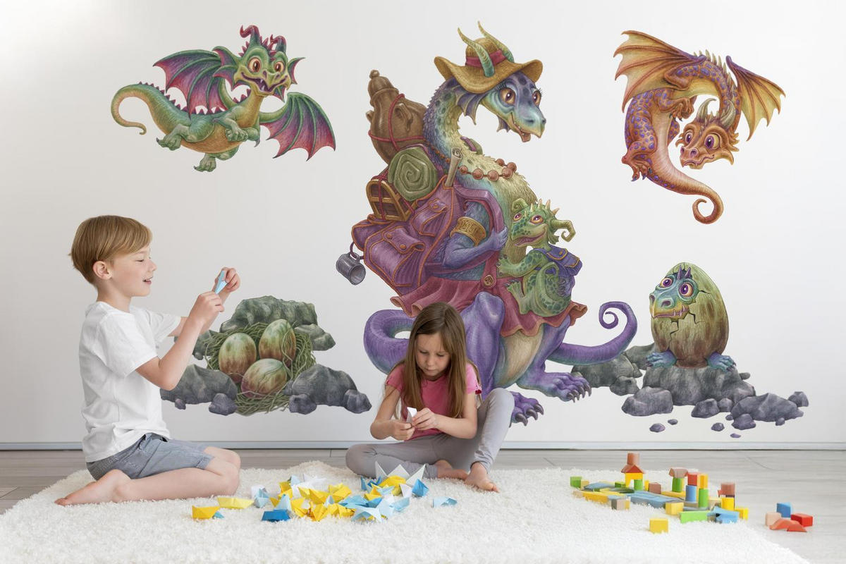 AUFKLEBER 100x122 cm Drachen Familie - Multicolor, Kunststoff (100/122/0.1cm) - TULUP