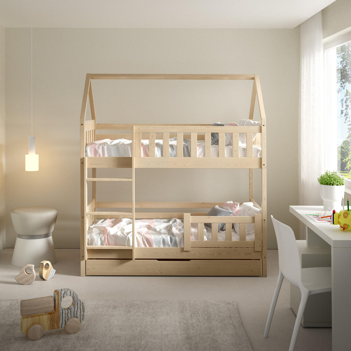 ETAGENBETT ELENA mit Bettkasten 80x190 cm Kieferfarben - Kieferfarben, Holz (80/190cm) - MASSENO