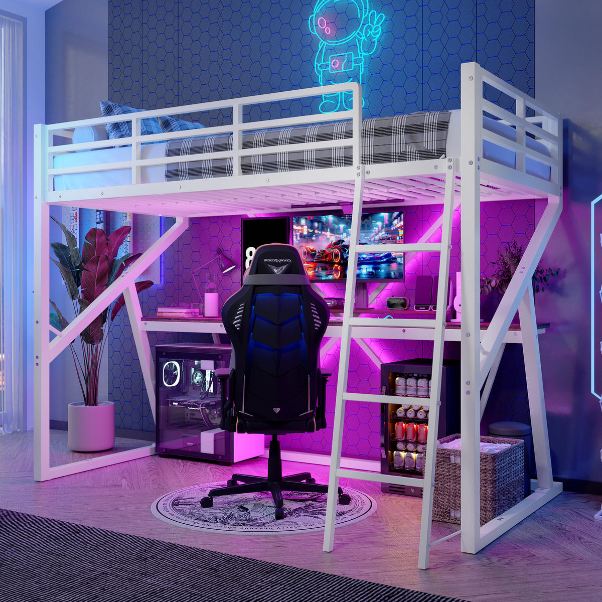 HOCHBETT 90/200 cm Weiß mit LED-Beleuchtung und Schreibtisch aus Eisenrahmen - Weiß, Metall (90/200cm) - OKWISH