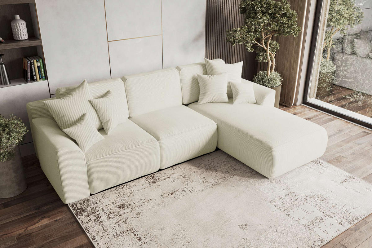 ECKSOFA GUSTO Cordstoff Creme Rechts inkl. Schlaffunktion - Chromfarben/Creme, Kunststoff/Textil (295/194cm) - 99rooms
