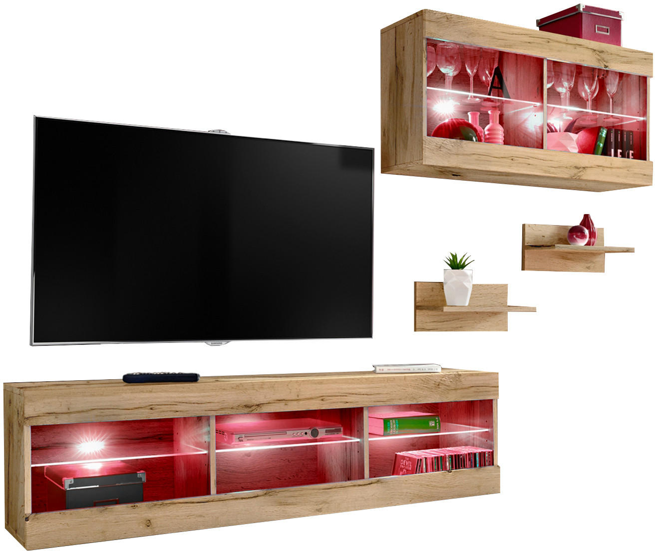 WOHNWAND 4-er Set, TIVOLI SET3 mit mehrfarbige LED RGB Beleuchtung Wotan + Wotan, Offener Raum - Eiche Wotan, Glas/Holzwerkstoff (240/195/35cm) - Komodee