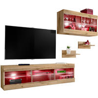 WOHNWAND 4-er Set, TIVOLI SET3 mit mehrfarbige LED RGB Beleuchtung Wotan + Wotan, Offener Raum - Eiche Wotan, Glas/Holzwerkstoff (240/195/35cm) - Komodee