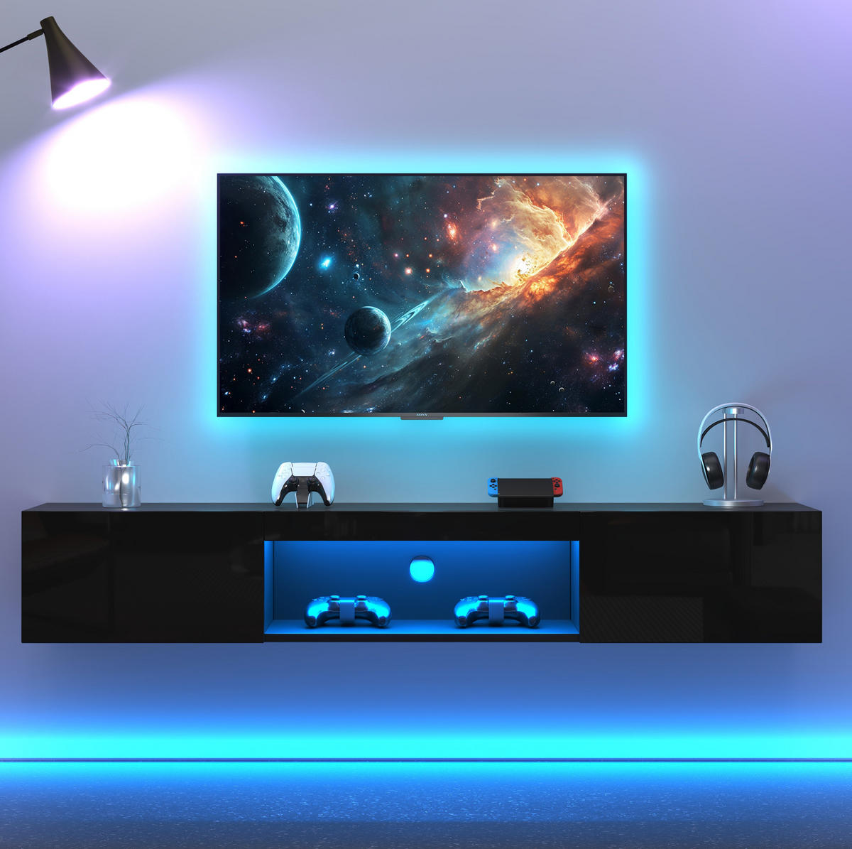 TV-ELEMENT wandhängend 160 cm Hochglanz Schwarz mit LED - Schwarz, Holzwerkstoff (31/22/160cm) - Beauniv