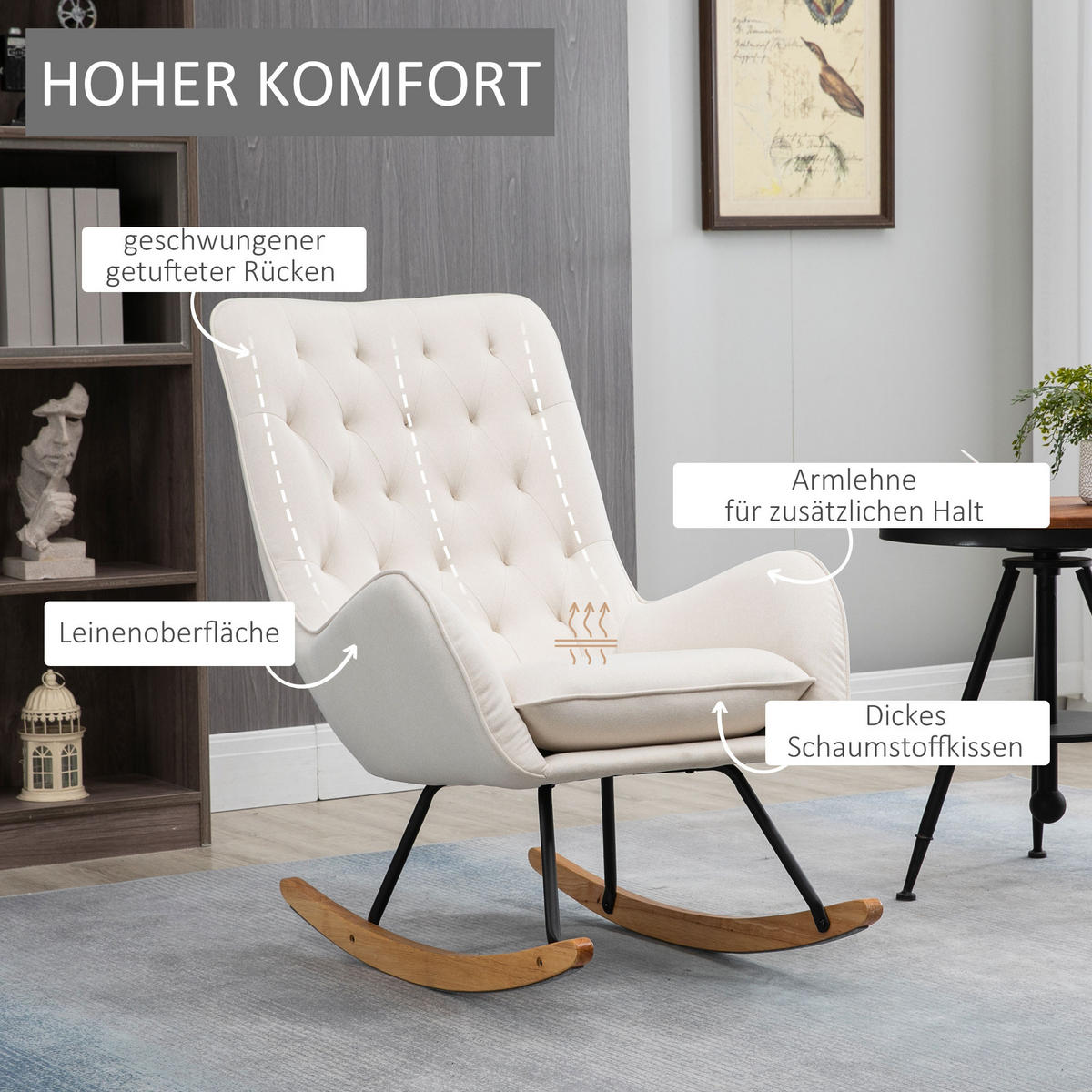 SCHAUKELSTUHL, Relaxstuhl, Cremeweiß - Creme, Holz (90/100/69cm) - HOMCOM