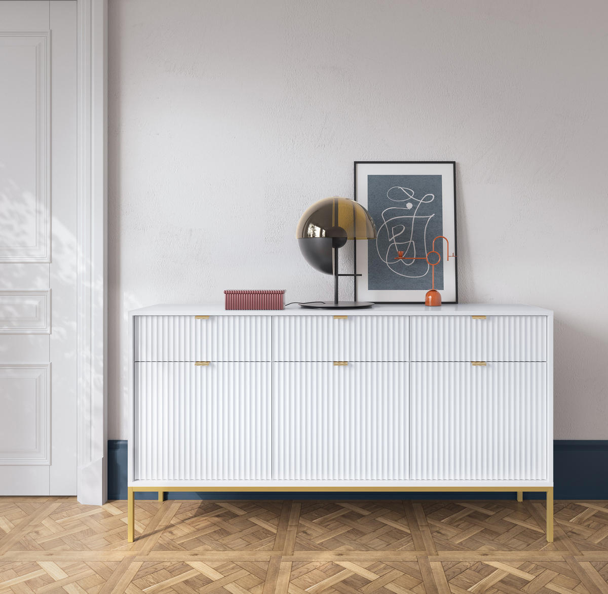 SIDEBOARD Vellore Weiß mit goldenen Metallbeinen 154 cm - Goldfarben/Weiß, Holzwerkstoff/Metall (154/83/39cm) - Selsey