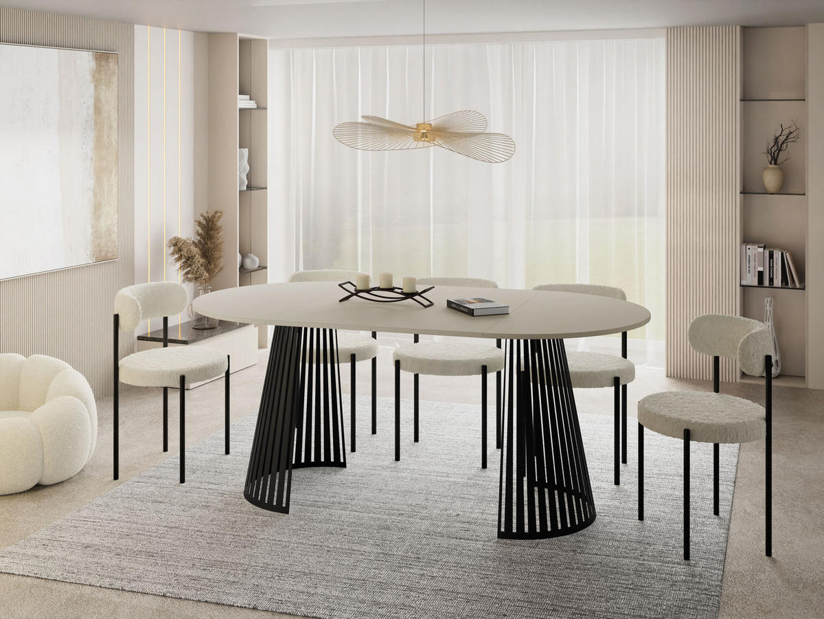 ESSTISCH Naro rund ausziehbar mit Schwarzem Lamellen-Metallgestell, Beige Cashmere 120-200/120/76 cm - Kaschmir/Schwarz, Holzwerkstoff/Metall (120/120/76cm) - WFL GROUP