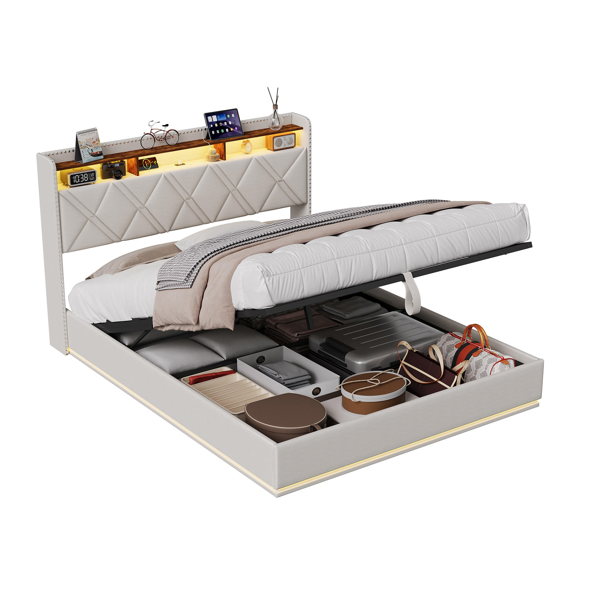 POLSTERBETT 140/200 cm Jugendbett Beige mit verstellbarer LED-Beleuchtung & USB - Beige, Holz/Textil (140/200cm) - PARAFTA HOME