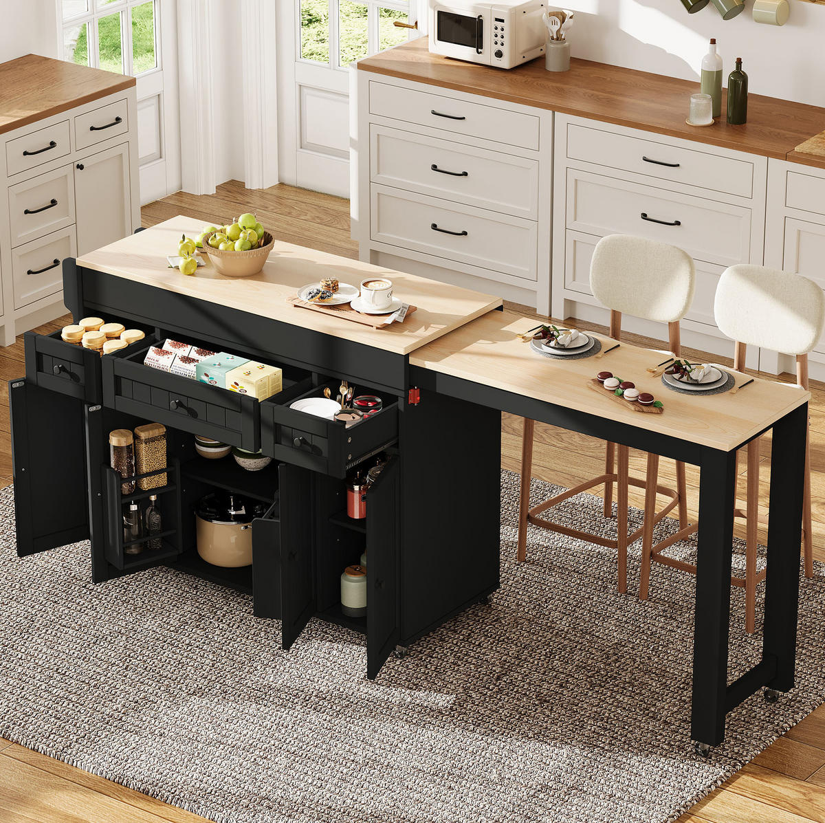 KÜCHENINSEL mit ausziehbarer Arbeitsplatte 137-190,6 x 45,2 x 92 cm Schwarz/Natur - Schwarz, Holz (45.2/92/137cm) - Beauniv
