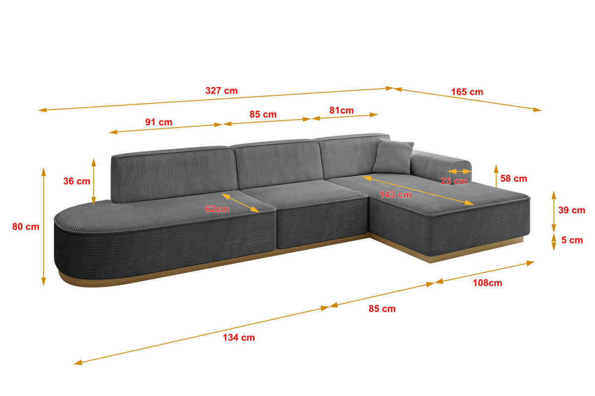 ECKSOFA Ottomane Rechts IREA-L2-v2 - 327x165x80 cm Duneklgrau - Dunkelgrau, Holzwerkstoff/Textil (327/165cm) - ALTDECOR