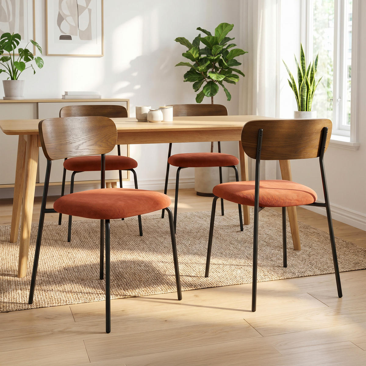 STÜHLE 4er-Set skandinavisch aus terrakottafarbenem Cord und Eschenfurnier mit schwarzen Metallbeinen - OLIVIA - Terracotta/Schwarz, Textil/Metall (46/81/50.5cm) - Sicaan
