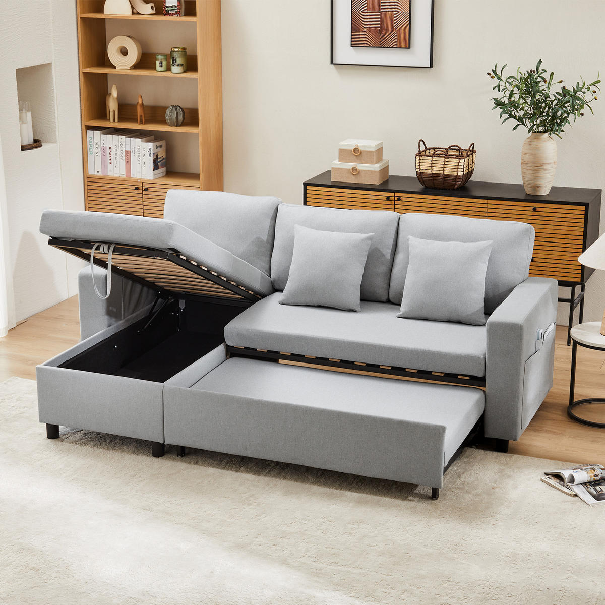 SCHLAFSOFA L-Form mit Stauraum und wechselbarer Chaiselongue - Grau, Textil (219.5/83/142.5cm)