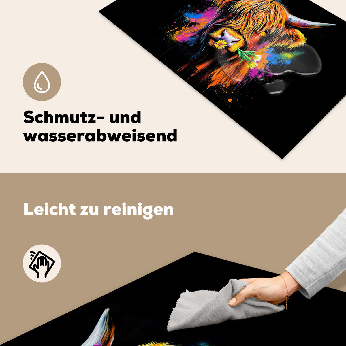 HERDABDECKPLATTE Schottischer Highlander - Graffiti - Bunt - Blume - Tiere Ceranfeldabdeckung 85x52 cm - Multicolor, Kunststoff (85/52/0.2cm) - MuchoWow