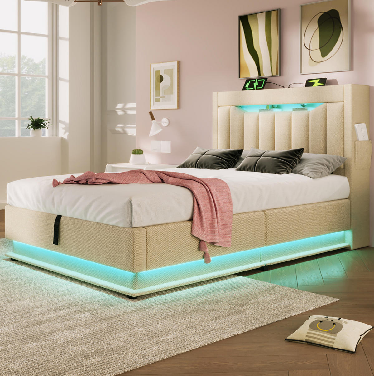 POLSTERBETT mit Stauraum 90x200 cm Leinen Beige mit LED und USB - Beige, Metall (90/200cm) - Meubliv