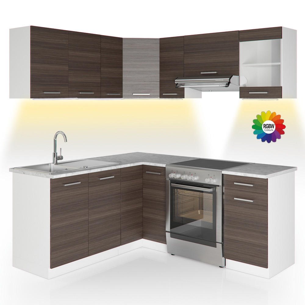 ECKKÜCHE Rick Weiß/Edelgrau 187 x 167 cm , AP Marmor mit LED-Leisten - Braun/Weiß, Holzwerkstoff (187/81.6/60cm) - Vicco